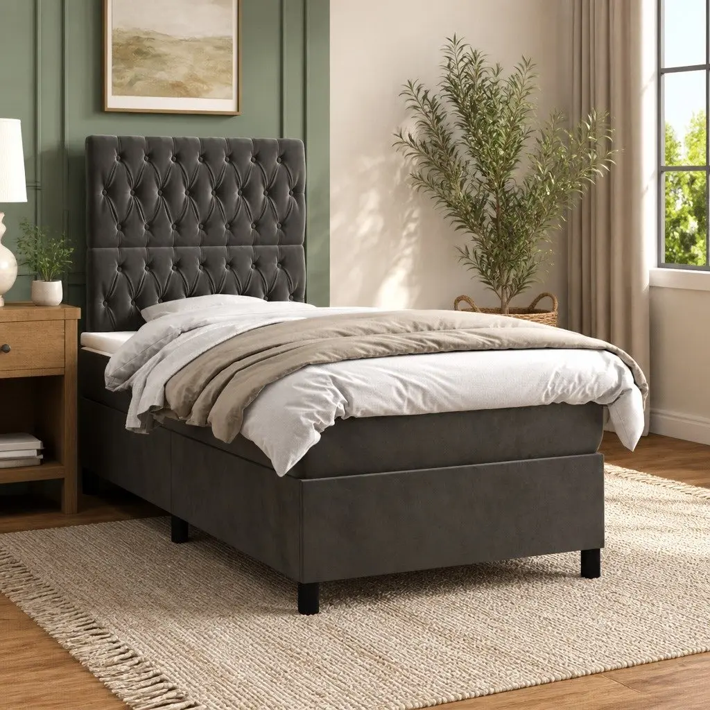 Box Spring Bed Pocket Spring Mattress King Single 106x203 cm Grey Velvet