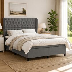 Box Spring Bed with Pocket Mattress Dark Grey Double Size Fabric Headboard
