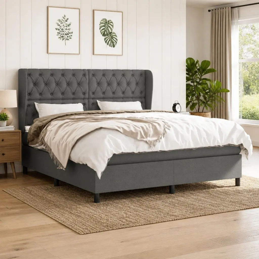Box Spring Bed Queen Size with Pocket Spring Mattress Grey Fabric Headboard