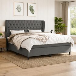 Queen Size Box Spring Bed with Pocket Spring Mattress Grey Fabric Headboard