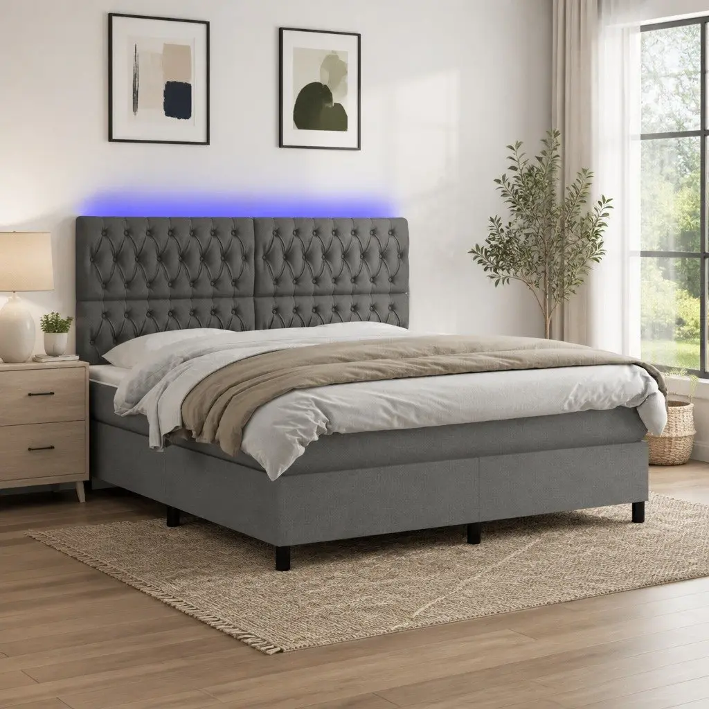 Queen Size Box Spring Bed with Pocket Mattress LED Headboard Grey Fabric