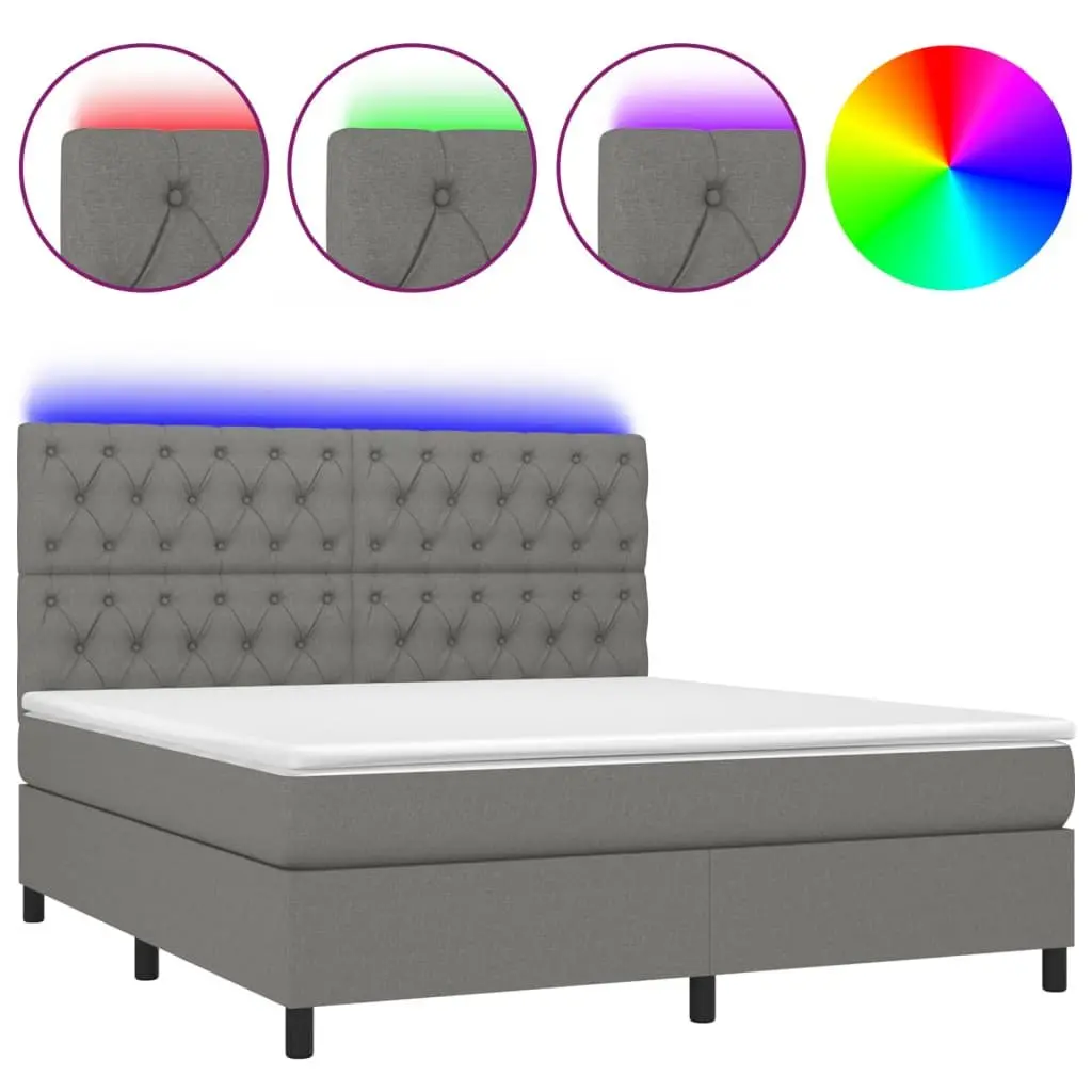 Queen Size Box Spring Bed with Pocket Mattress LED Headboard Grey Fabric