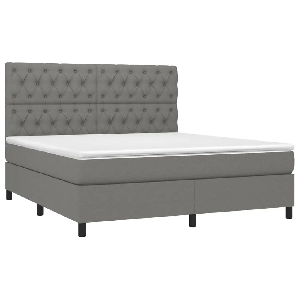 Queen Size Box Spring Bed with Pocket Mattress LED Headboard Grey Fabric