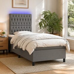 Box Spring Bed with LED Lights King Single Mattress Grey Fabric Headboard