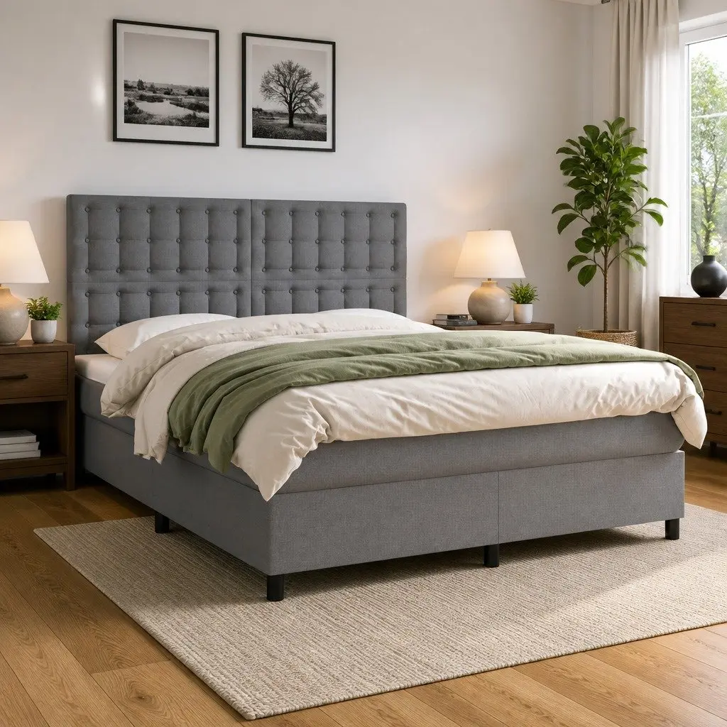 Box Spring Bed with Pocket Mattress Adjustable Headboard Grey Queen Size 153x203cm