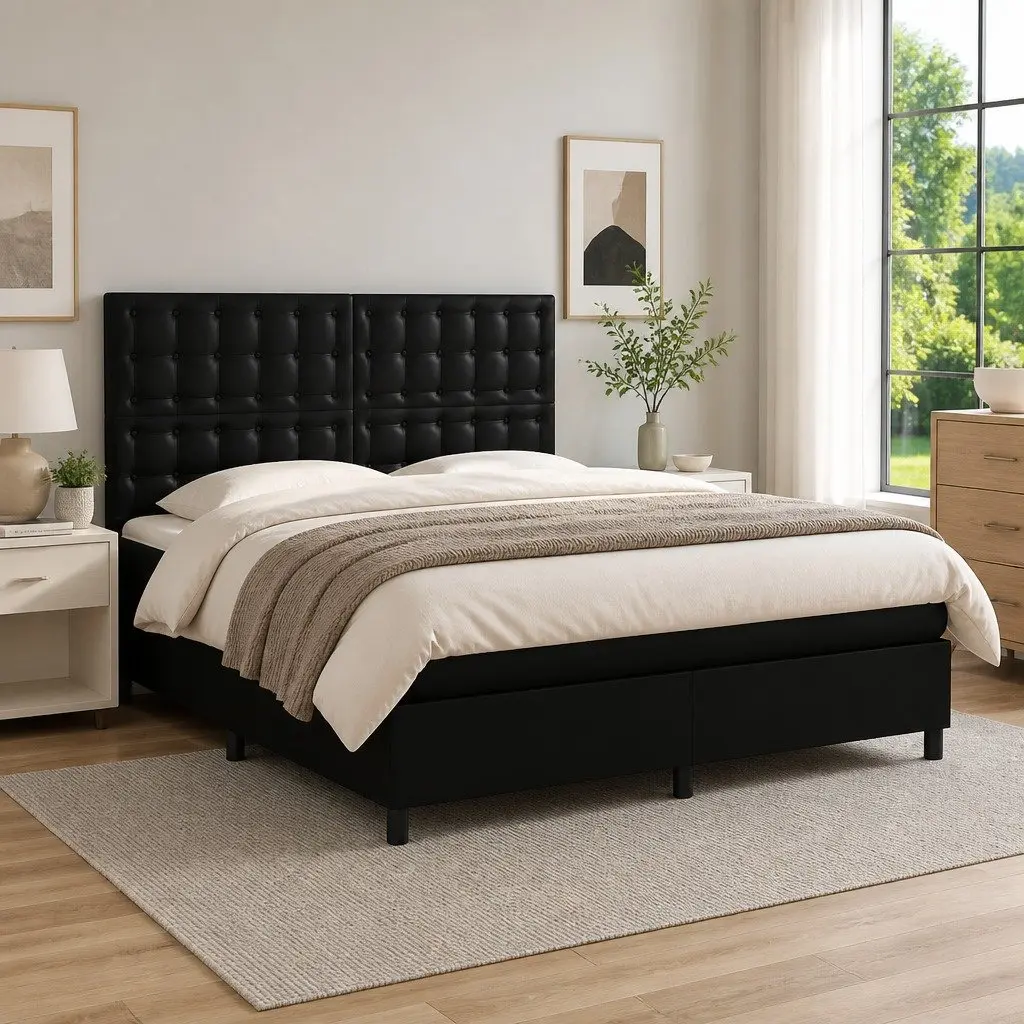 Box Spring Bed Queen Size Pocket Spring Mattress Adjustable LED Headboard Black Faux Leather