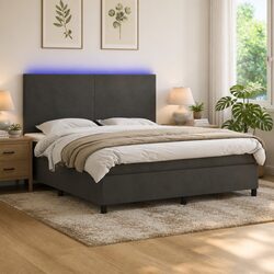 Queen Size Box Spring Bed with LED Lights Headboard Velvet Grey 153x203 cm