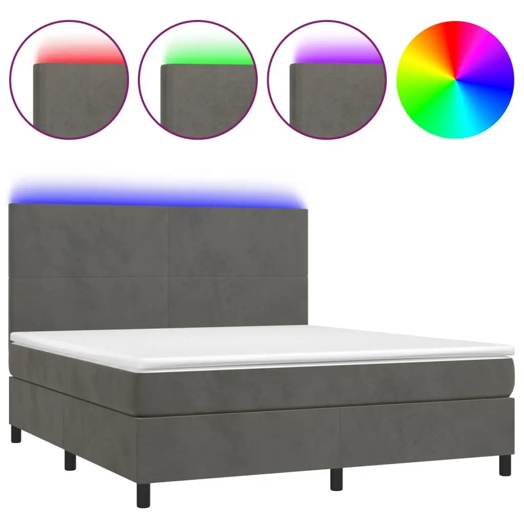 Box Spring Bed Queen Size Adjustable Headboard with LED Lights Velvet Grey 153x203 cm