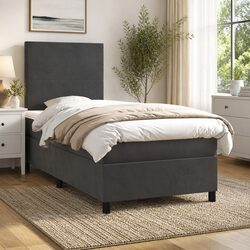 King Single Box Spring Bed with LED Lights Velvet Headboard Mattress 106x203 cm
