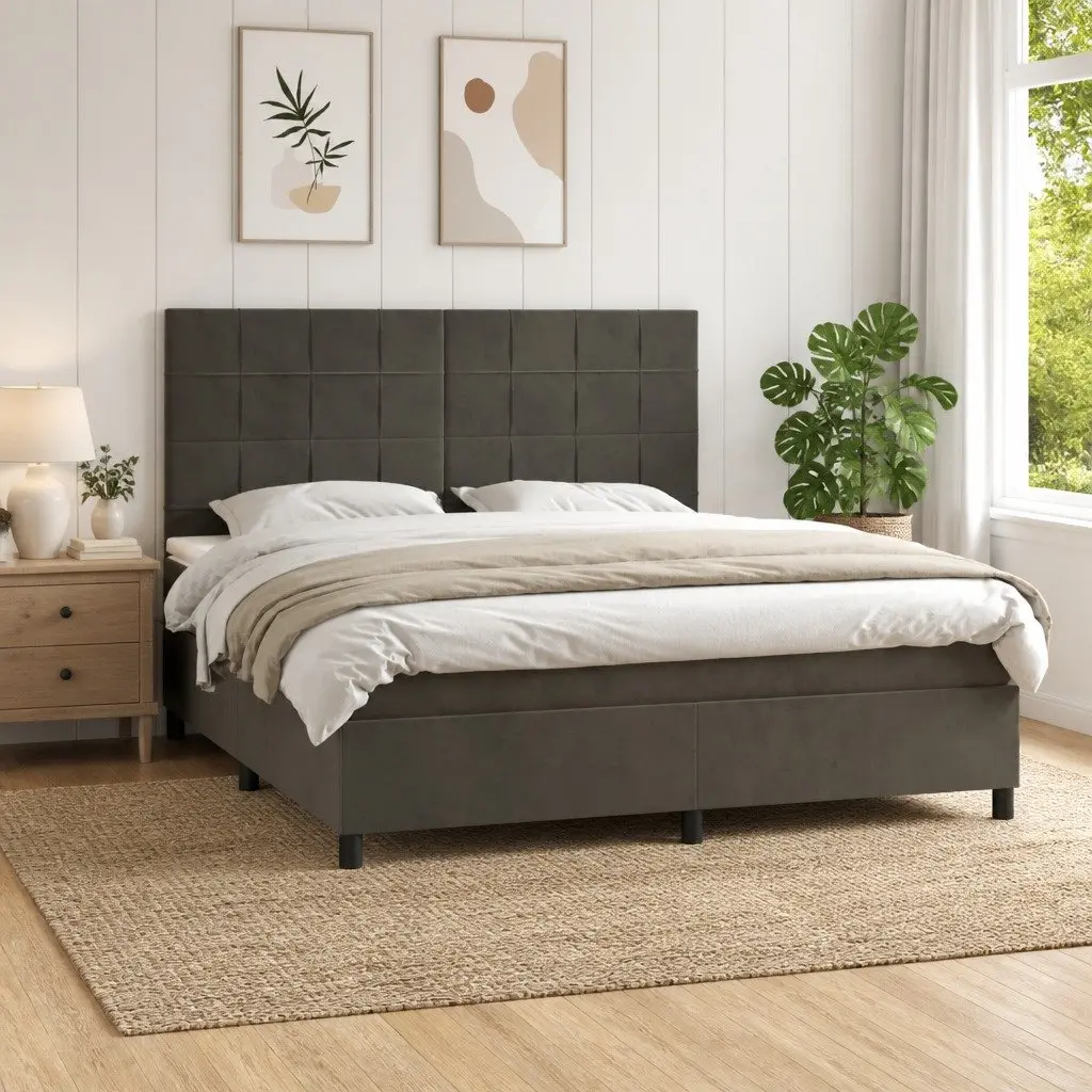 Queen Size Box Spring Bed with Pocket Spring Mattress Adjustable LED Headboard Dark Grey Velvet