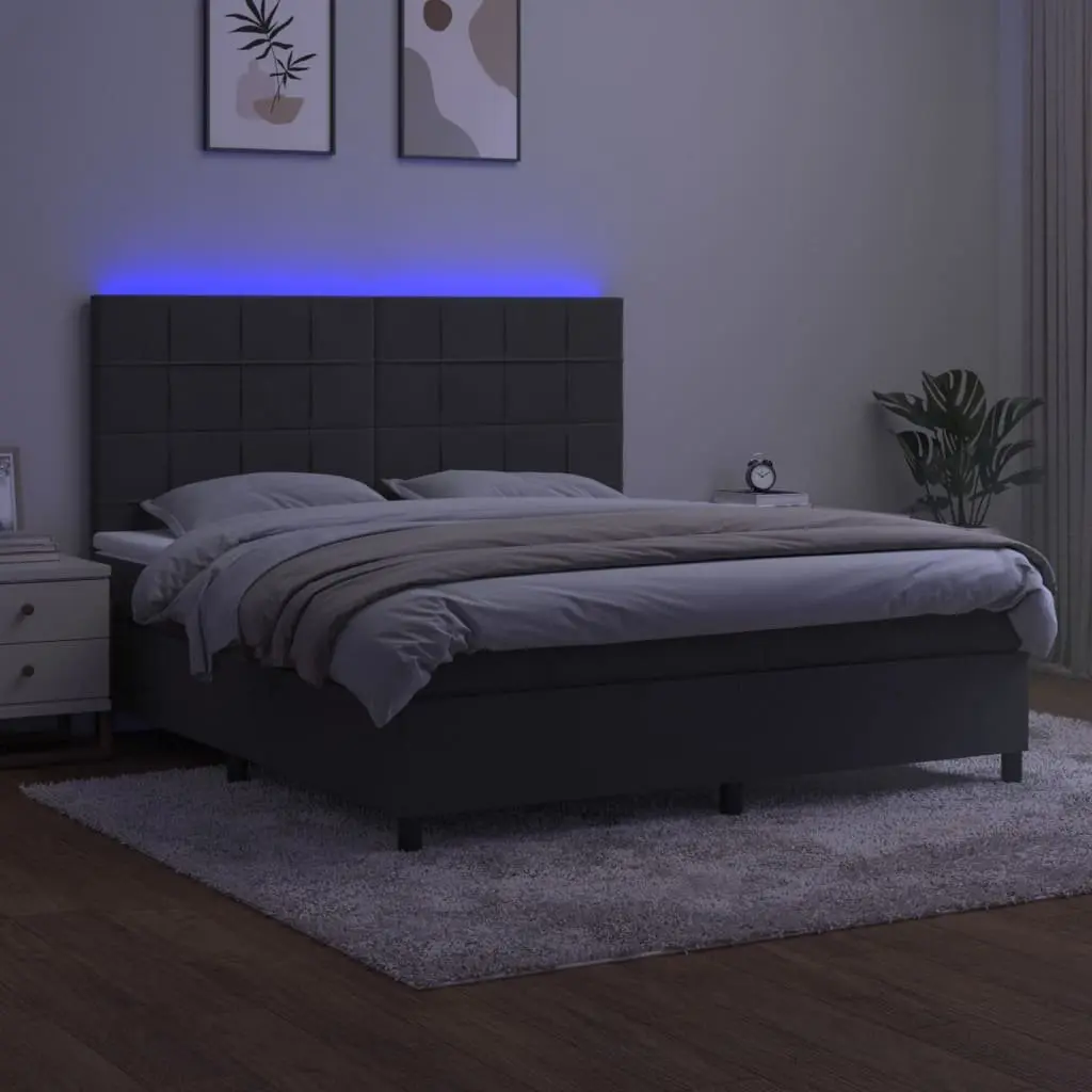 Queen Size Box Spring Bed with Pocket Spring Mattress Adjustable LED Headboard Dark Grey Velvet