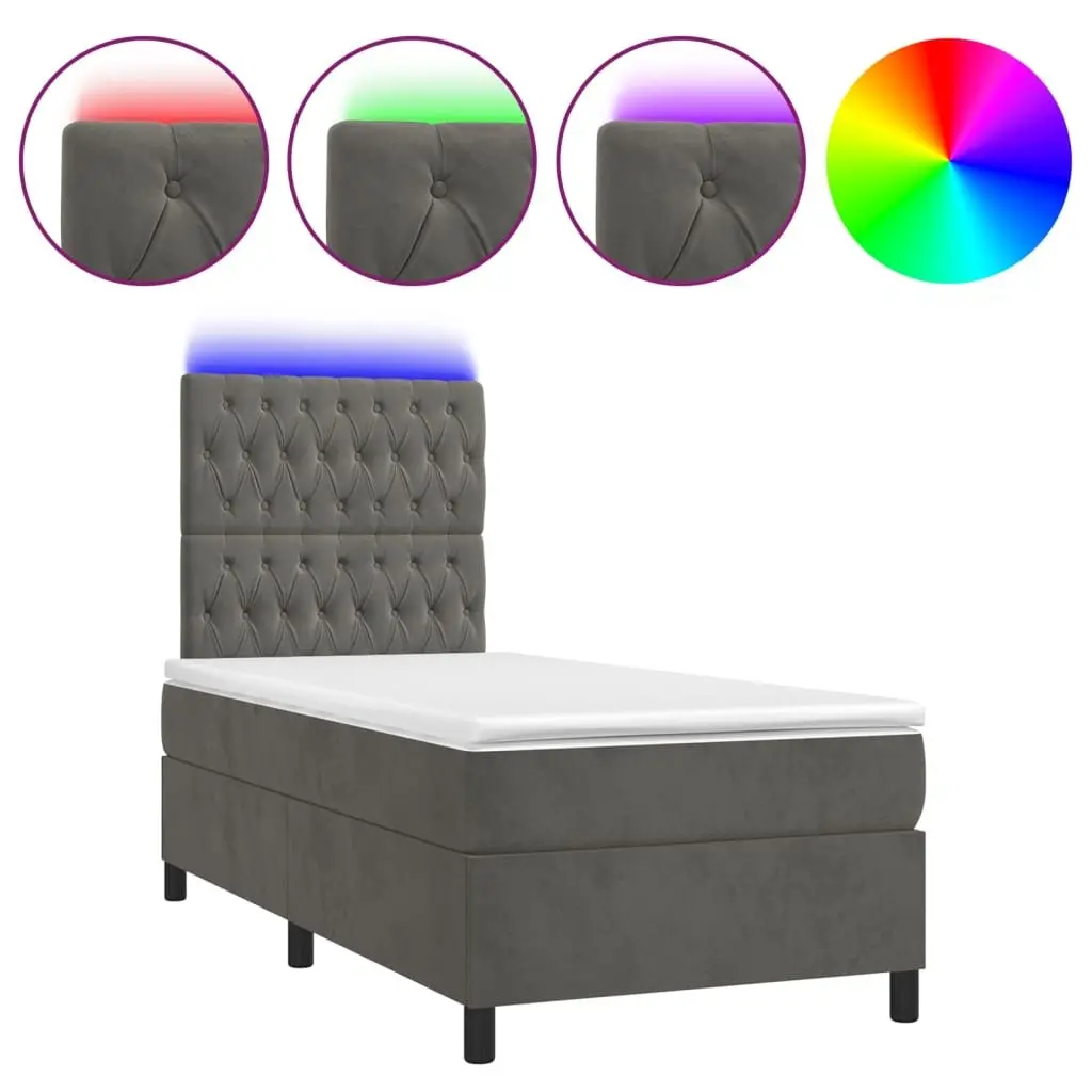 King Single Box Spring Bed with LED Lights Velvet Mattress Headboard 106x203cm