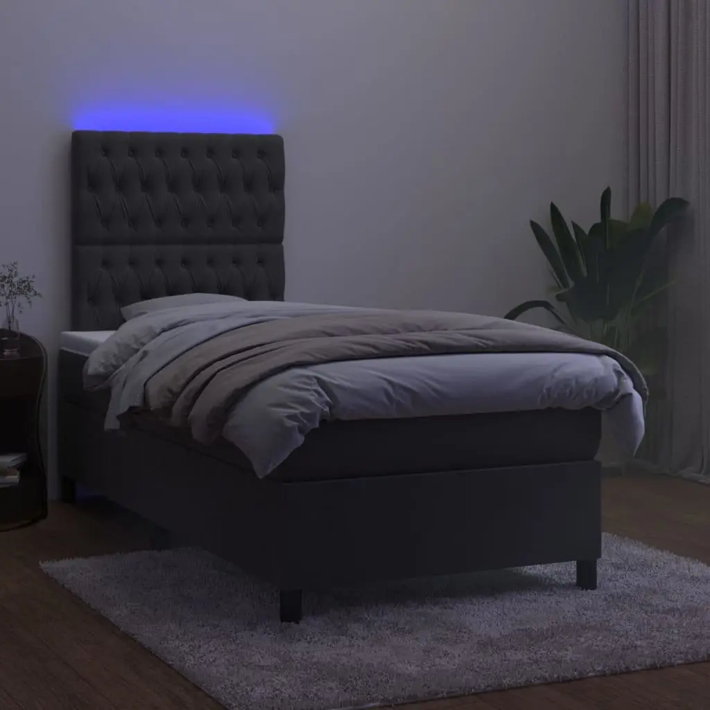 King Single Box Spring Bed with LED Lights Velvet Mattress Headboard 106x203cm