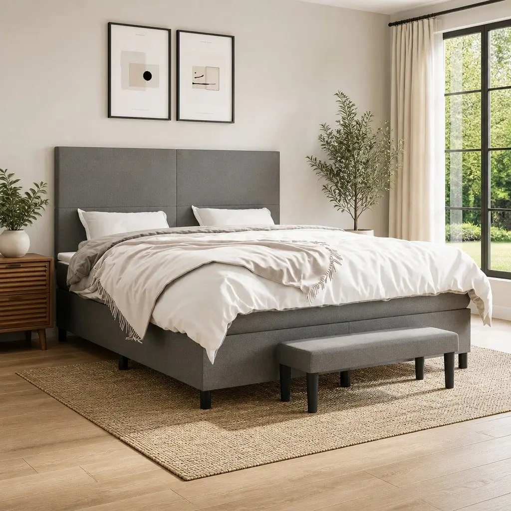 Box Spring Bed Queen Size with Pocket Spring Mattress Grey Fabric Headboard