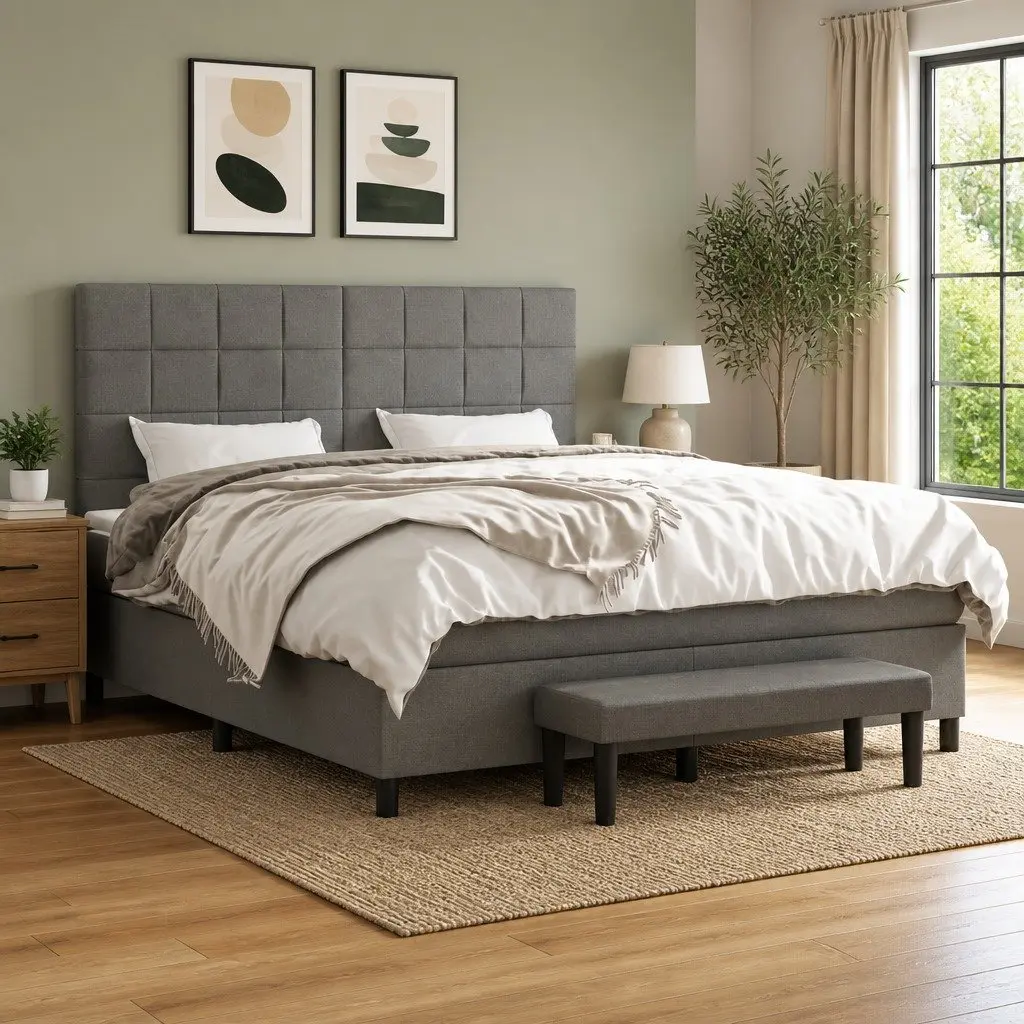 Queen Size Box Spring Bed with Pocket Mattress Grey Fabric Headboard Bench
