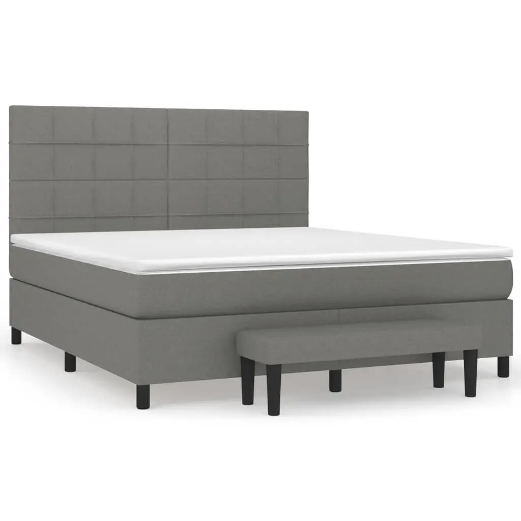 Queen Size Box Spring Bed with Pocket Mattress Grey Fabric Headboard Bench