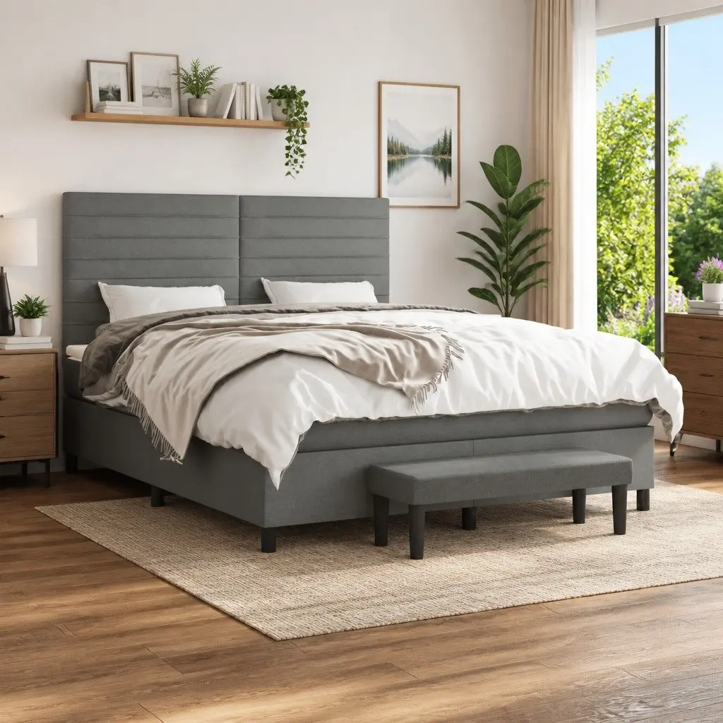 Queen Box Spring Bed with Mattress Adjustable Headboard Dark Grey Fabric 152x203 cm