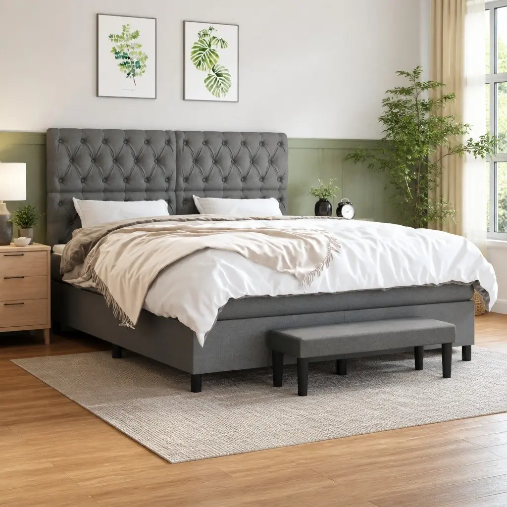 Box Spring Bed Queen Size Pocket Spring Mattress Dark Grey Fabric Headboard