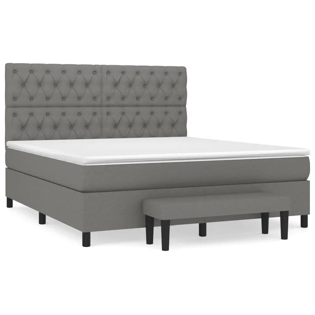 Box Spring Bed Queen Size Pocket Spring Mattress Dark Grey Fabric Headboard
