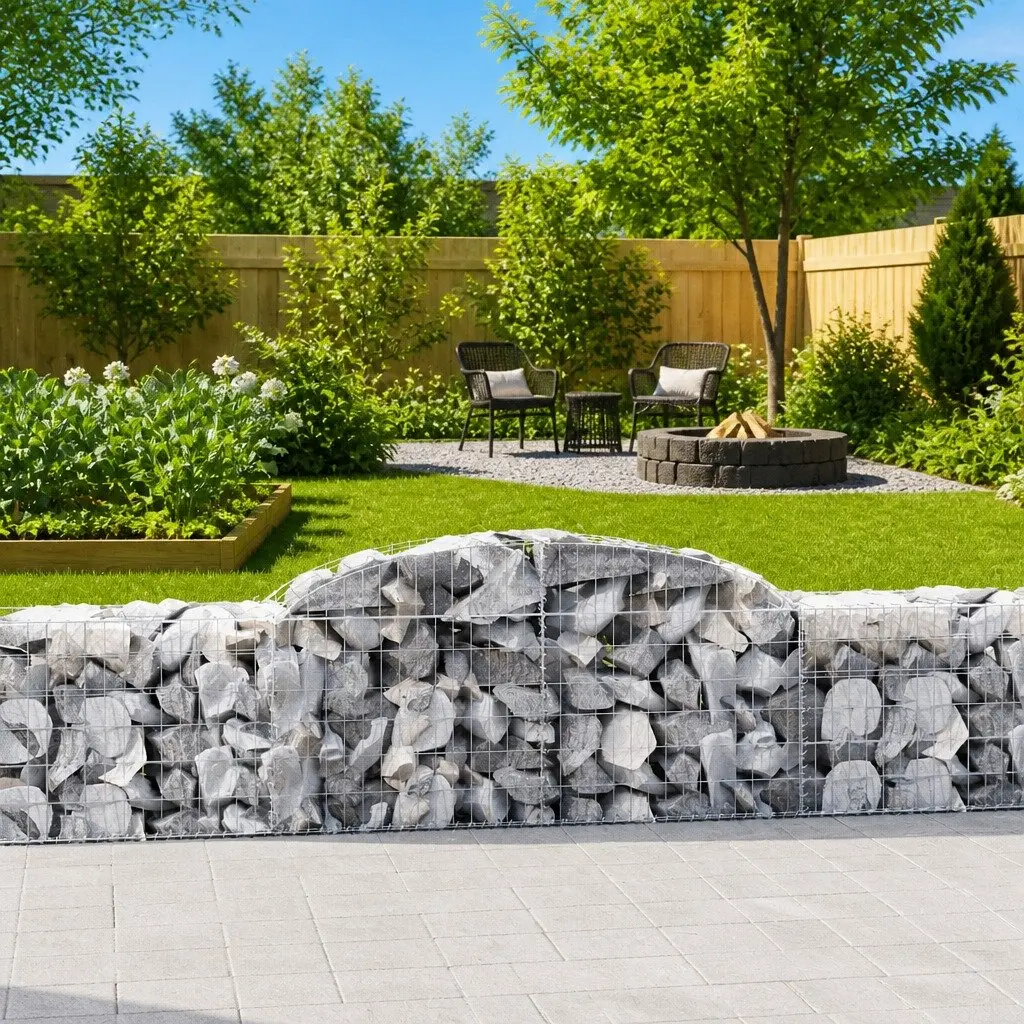 Gabion Baskets Set 5 pcs Arched Garden Barrier Retaining Wall Outdoor Decorative Silver 300 x 50 x 60-80 cm Galvanised Iron Wire