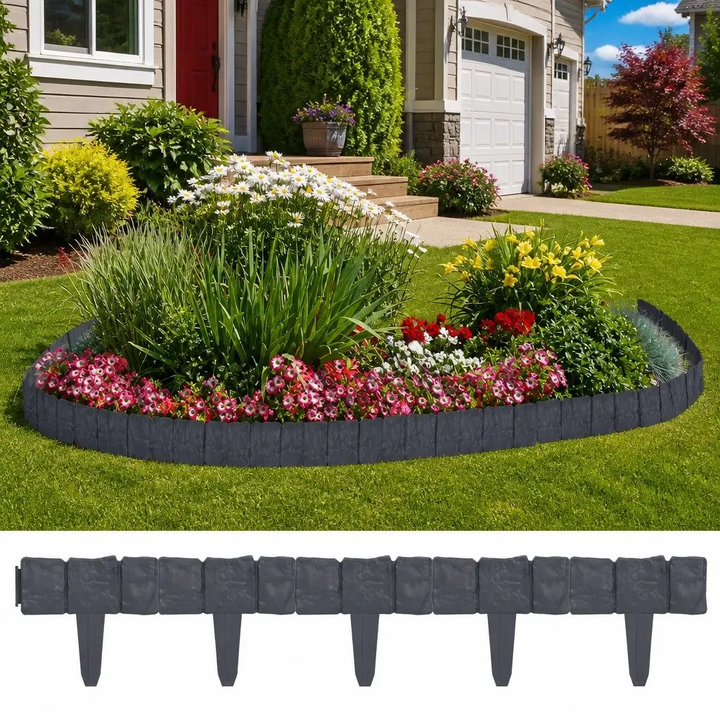 Plastic Lawn Edging Fence Anthracite Stone Look 10m Garden Border 41 Pieces