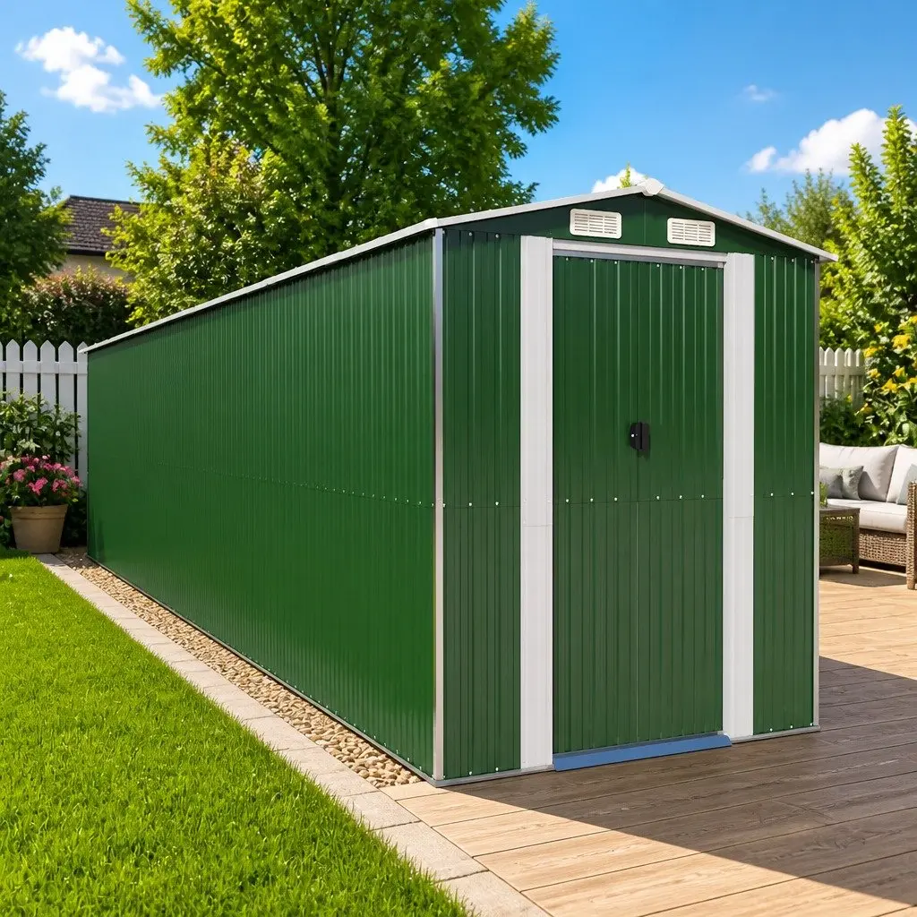 Garden Shed Outdoor Storage Tool House Green Galvanised Steel Double Sliding Doors 192 x 855 x 223 cm