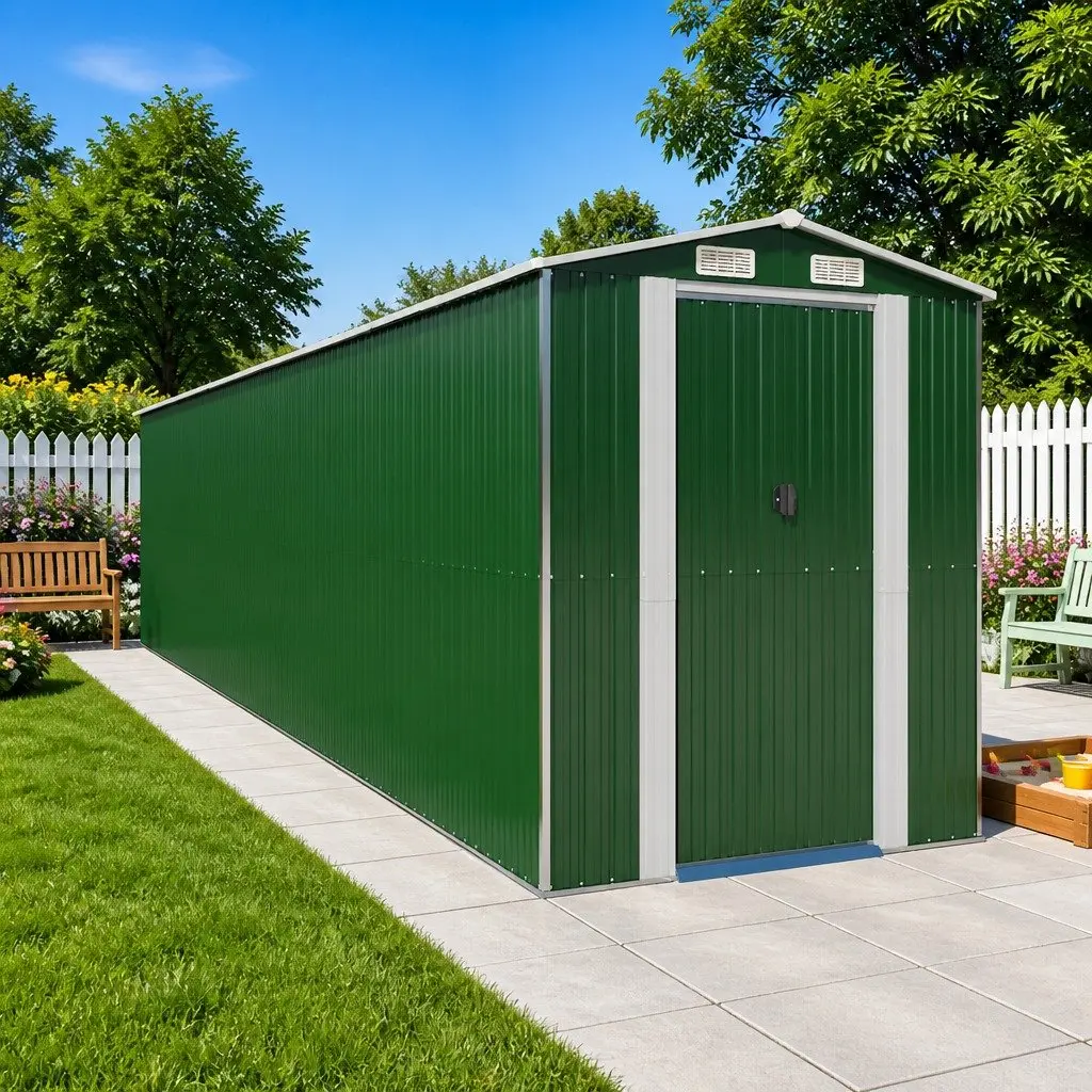 Garden Shed Outdoor Storage Tool House Green Double Sliding Doors 192 x 938 x 223 cm