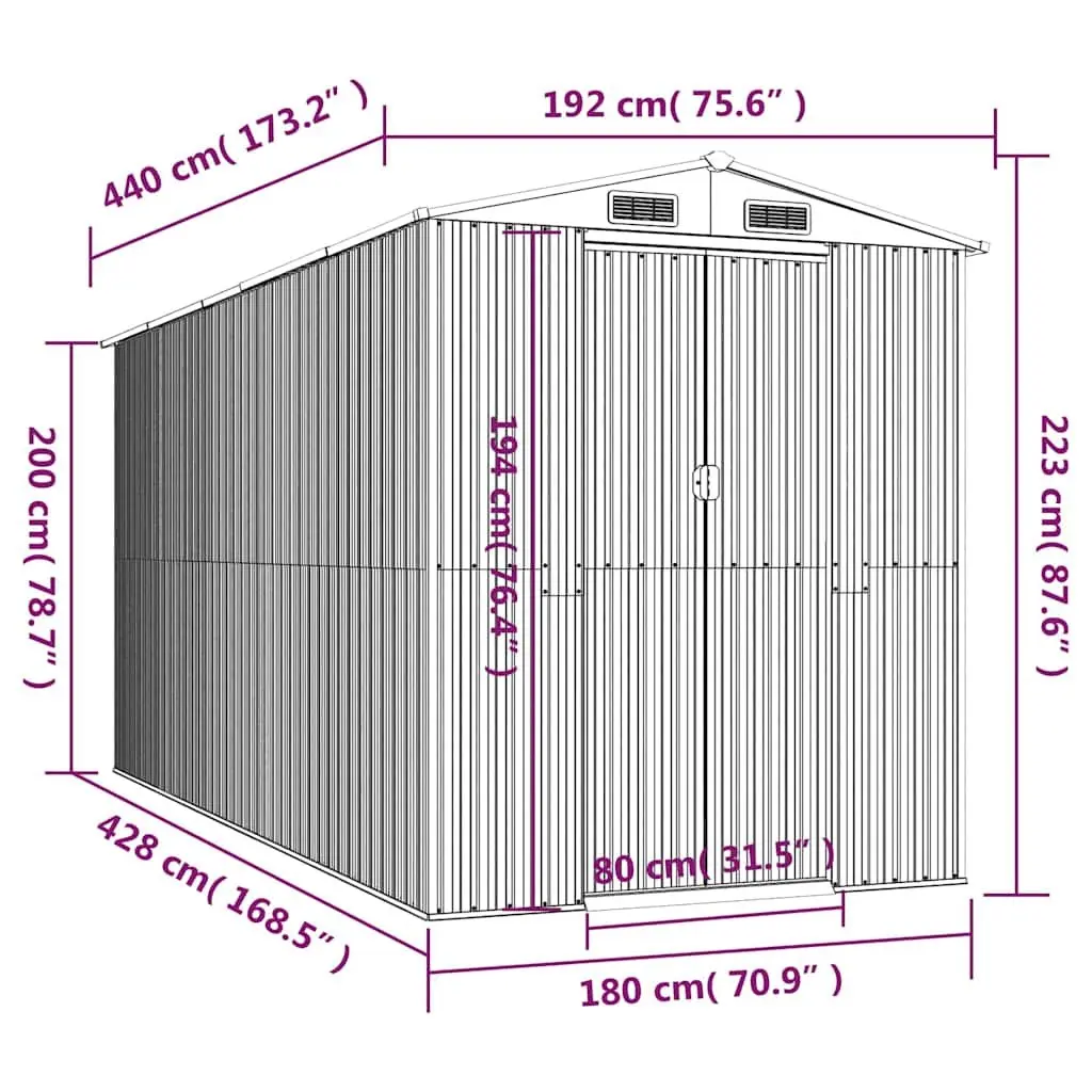 Galvanised Steel Garden Storage Shed Outdoor Tool House Grey 192x440x223cm