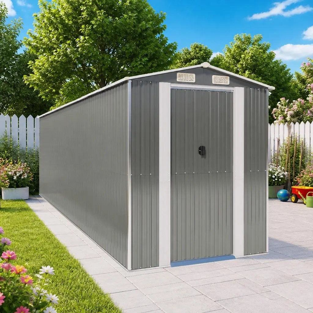 Garden Shed Outdoor Storage Tool House Galvanised Steel Spacious Light Grey 192x689x223 cm