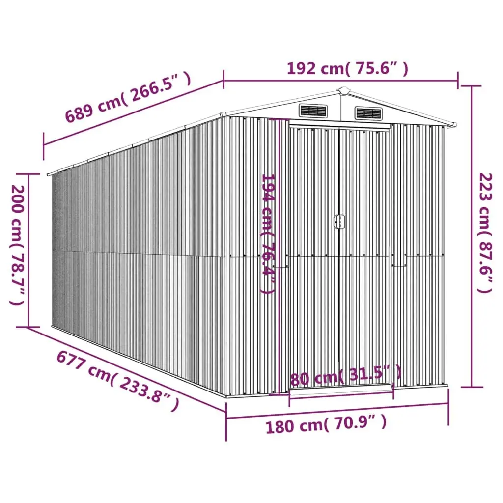 Garden Shed Outdoor Storage Tool House Galvanised Steel Spacious Light Grey 192x689x223 cm
