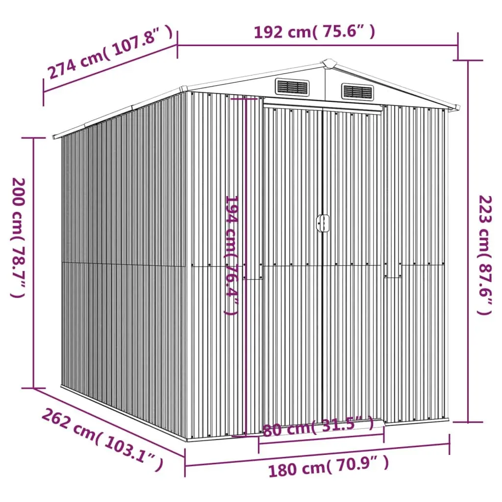 Garden Shed Outdoor Storage 192x274x223cm Anthracite Galvanised Steel