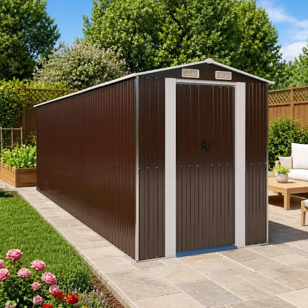 Garden Shed Outdoor Storage Tool House Dark Brown Galvanised Steel Structure