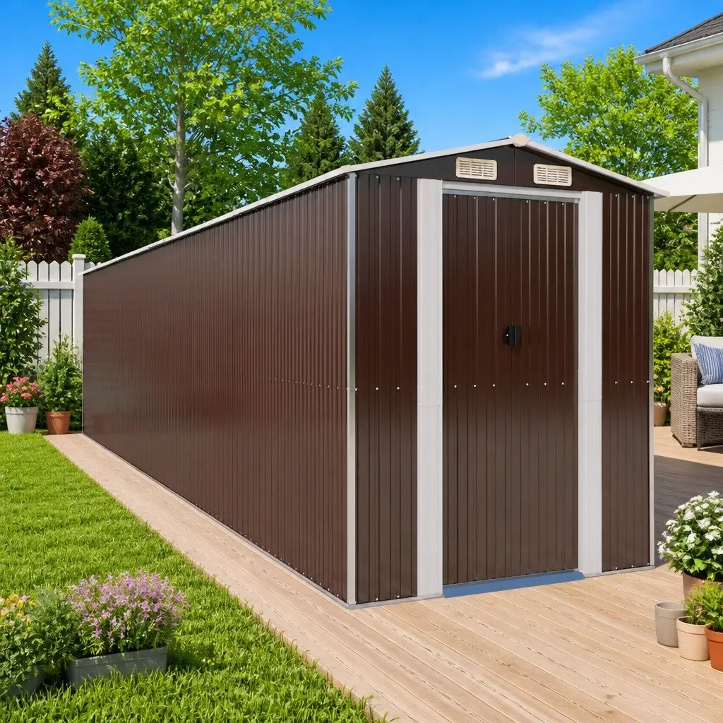 Garden Shed Outdoor Storage Tool House Dark Brown Galvanised Steel Spacious
