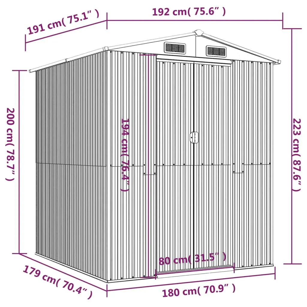 Garden Shed Outdoor Storage Tool House 192x191x223cm Brown Galvanised Steel Double Doors