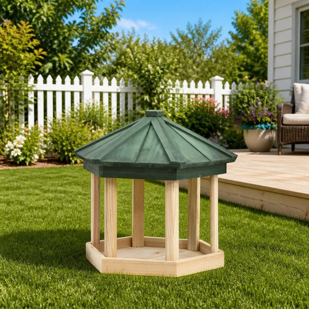 Bird Feeder Octagon Hanging Outdoor Wooden Garden Brown 33 x 30 cm