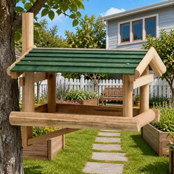 Bird Feeder Solid Wood Wall Tree Mount Garden Outdoor Feeding Station Brown