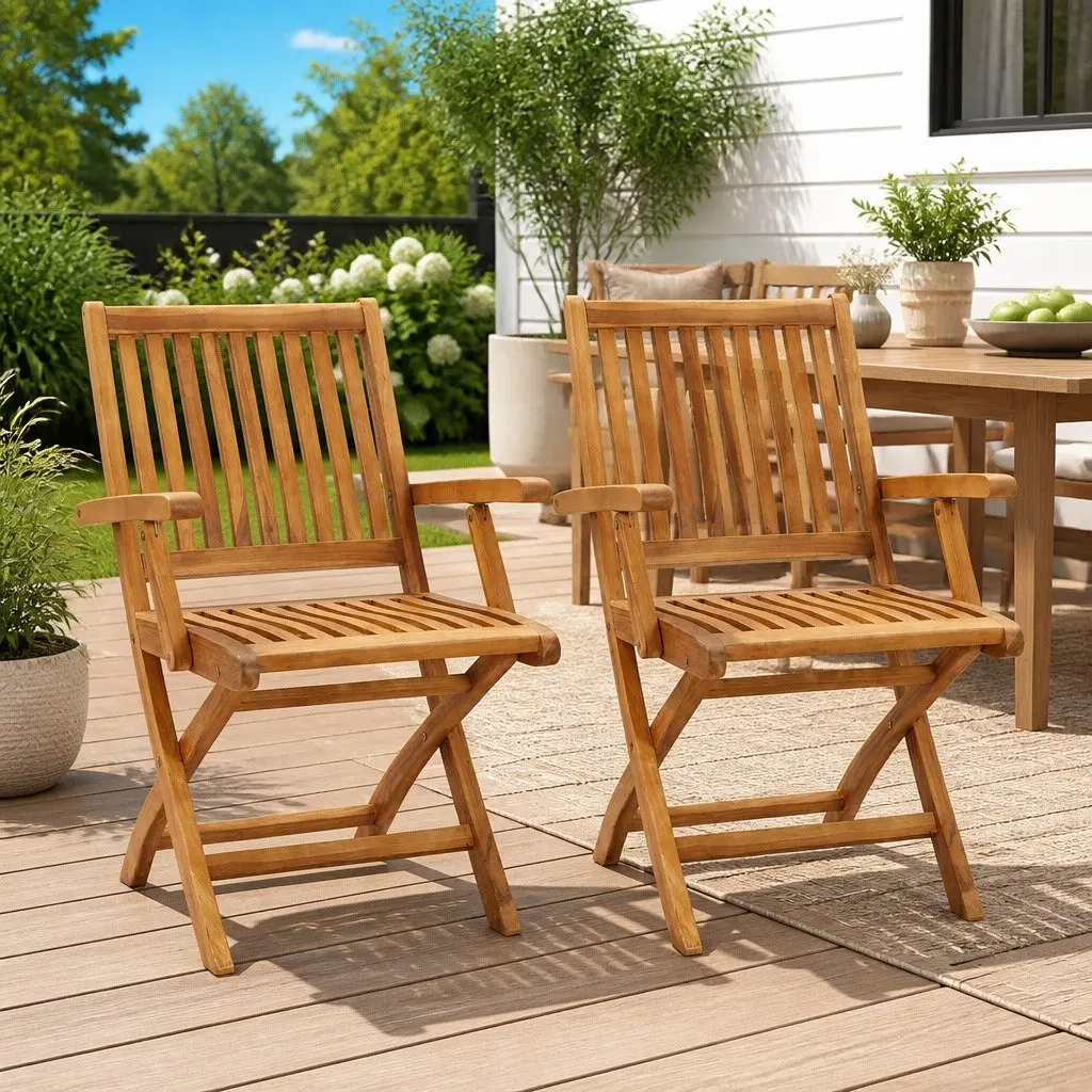 Folding Outdoor Garden Chairs Set of 2 Teak Hardwood Multicolour