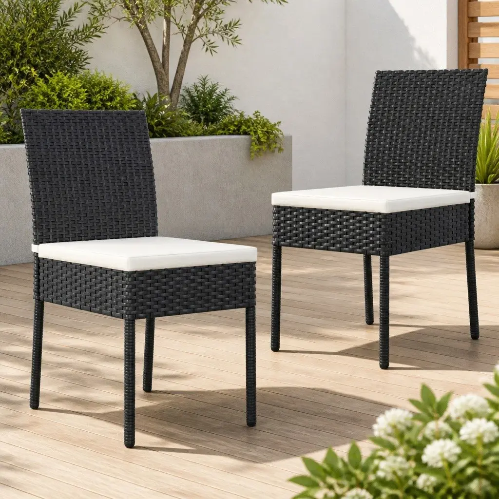 Outdoor Dining Chairs Set 2 pcs Poly Rattan Weather-Resistant Black Garden Seating