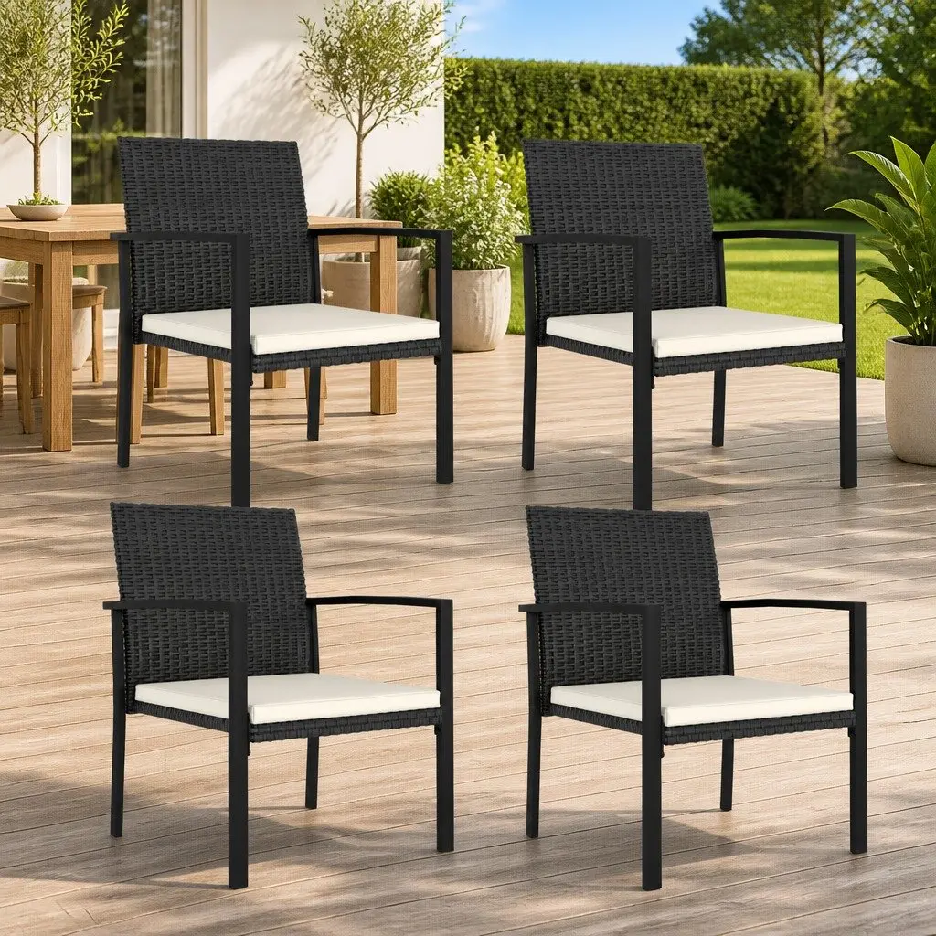 Outdoor Dining Chairs Set 4 Pcs Poly Rattan Garden Seating with Cushions Black