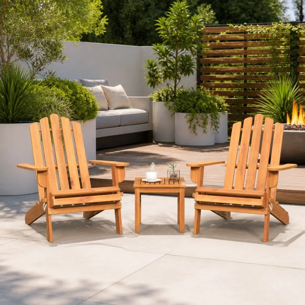 Adirondack Lounge Set 3 Piece Outdoor Furniture Wooden Chairs and Table Brown