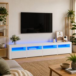 White TV Cabinet with RGB LED Lights and Storage