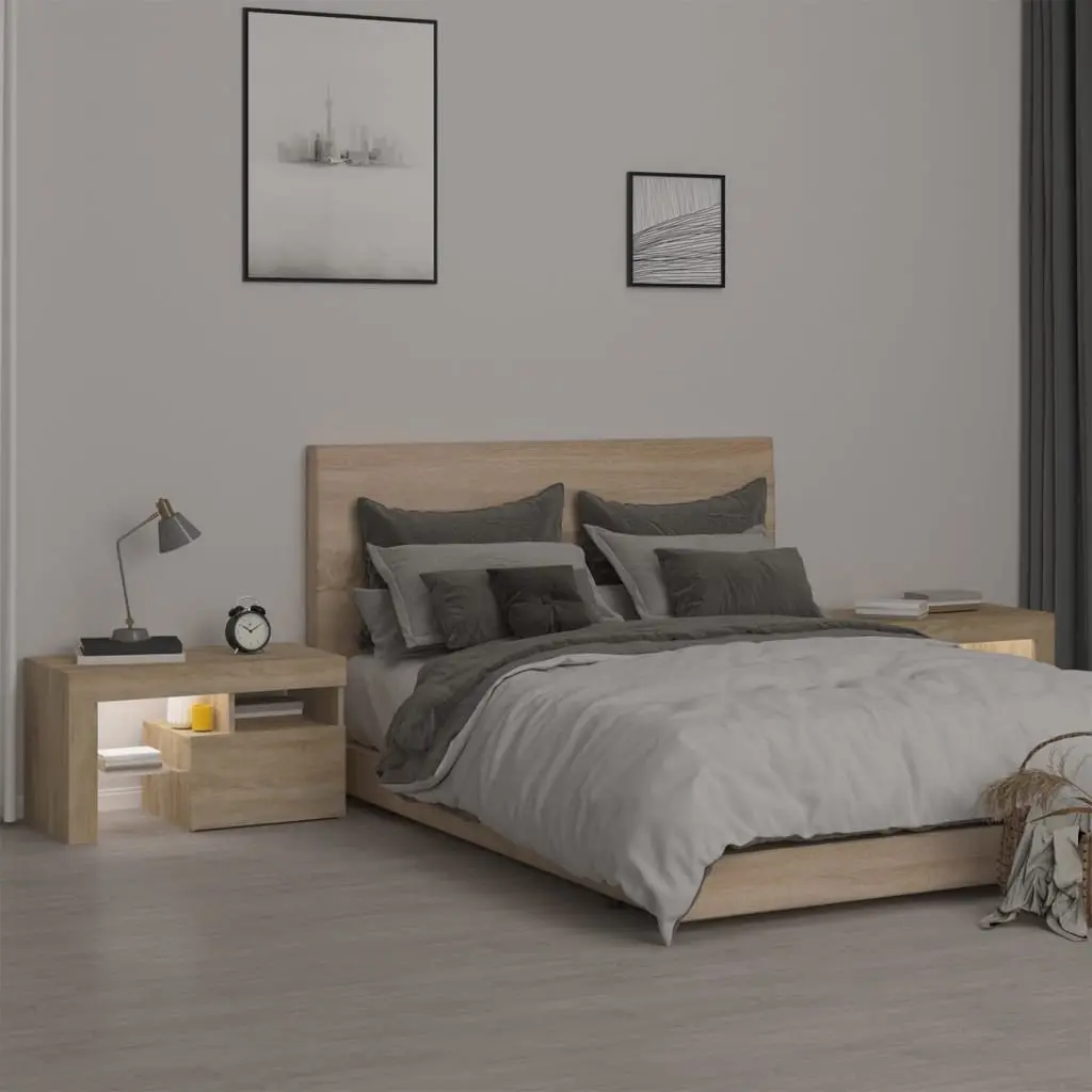 Bedside Cabinets 2 pcs LED Lights Modern Storage Nightstand Table Sonoma Oak