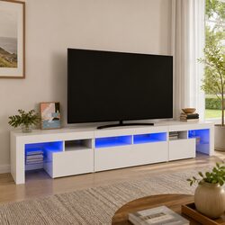 Reliable White TV Cabinet with RGB LED Lights - 230cm