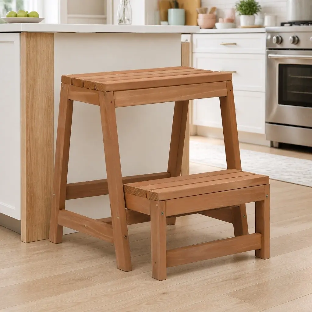 Foldable Step Stool Solid Wood Brown Kitchen Living Room Storage Seat