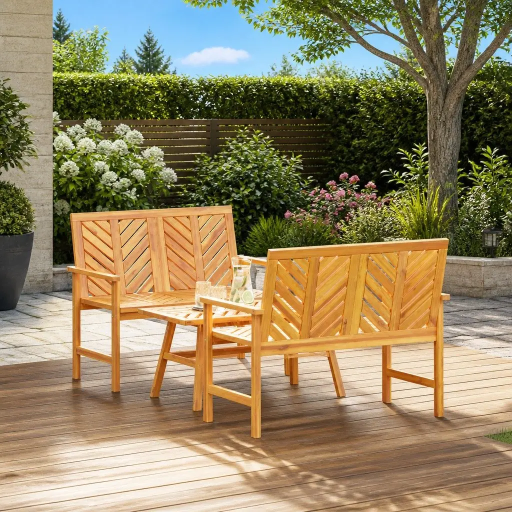 Garden Lounge Set Outdoor Seating 3 Piece Brown Acacia Wood Patio Sofa