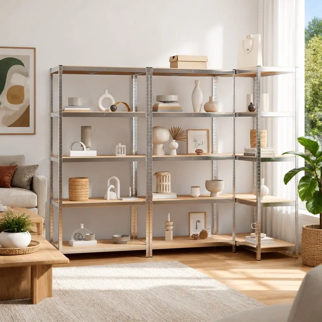 5 Layer Storage Shelves Industrial Use Adjustable Silver Steel Engineered Wood 3 Piece