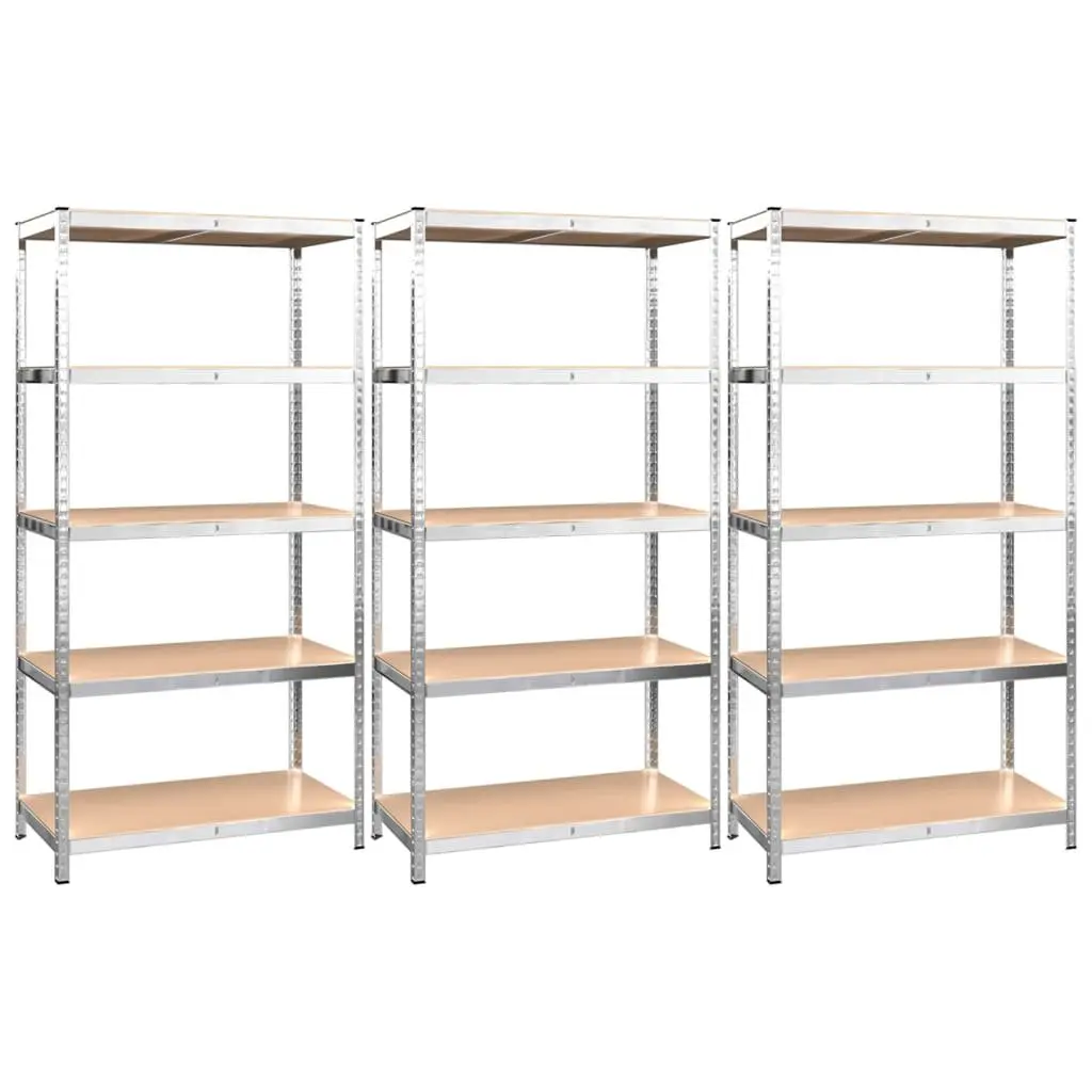 5 Layer Storage Shelves Industrial Use Adjustable Silver Steel Engineered Wood 3 Piece