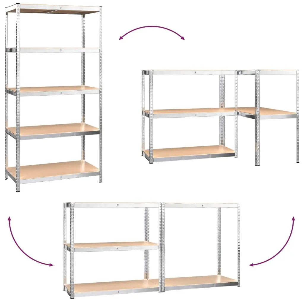 5 Layer Storage Shelves Industrial Use Adjustable Silver Steel Engineered Wood 3 Piece