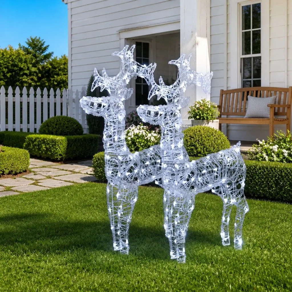 Standing Reindeer Christmas Decorations LED Light 2 Piece Cold White Acrylic Garden Outdoor Display