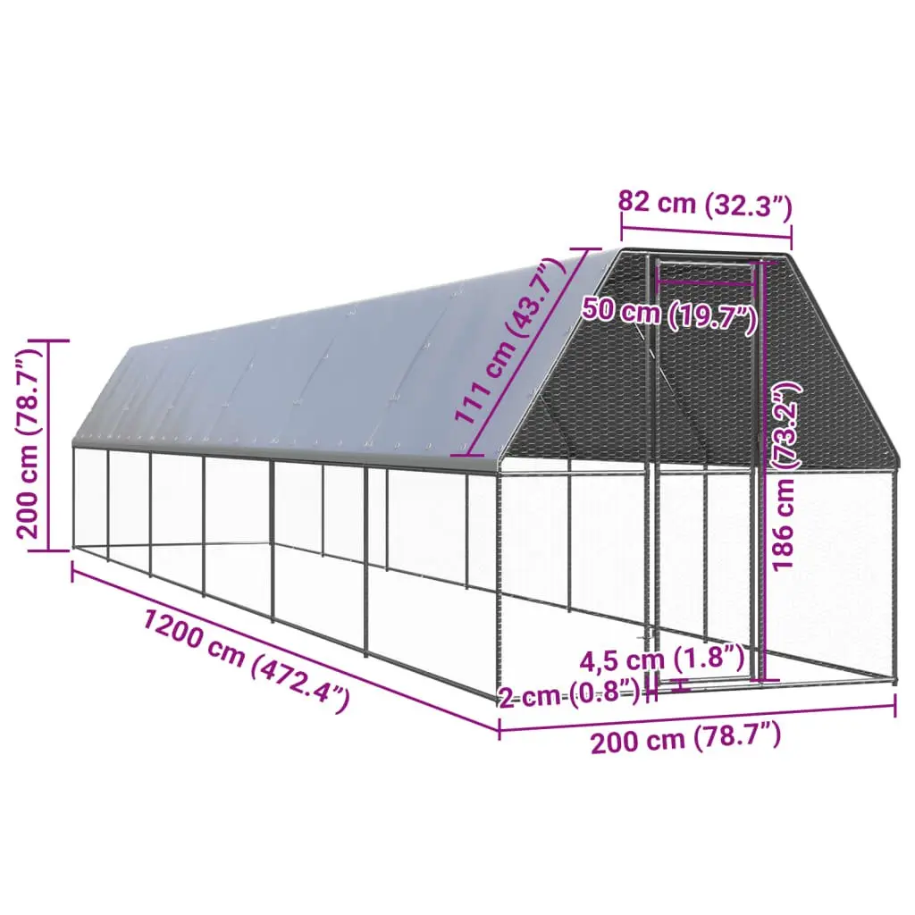 Chicken Coop Outdoor Cage Galvanised Steel Small Animal Habitat 2x12x2 m Silver
